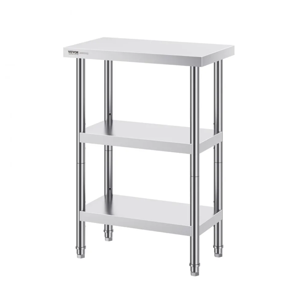 VEVOR Stainless Steel Food Prep Table, 14 x 24 x 34 Inch Commercial Kitchen Worktable, with 2 Adjustable Undershelf, Heavy Duty Prep Table Metal Work Table for BBQ, Kitchen, Home, and Garage