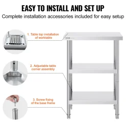 VEVOR Stainless Steel Food Prep Table, 14 x 24 x 34 Inch Commercial Kitchen Worktable, with 2 Adjustable Undershelf, Heavy Duty Prep Table Metal Work Table for BBQ, Kitchen, Home, and Garage