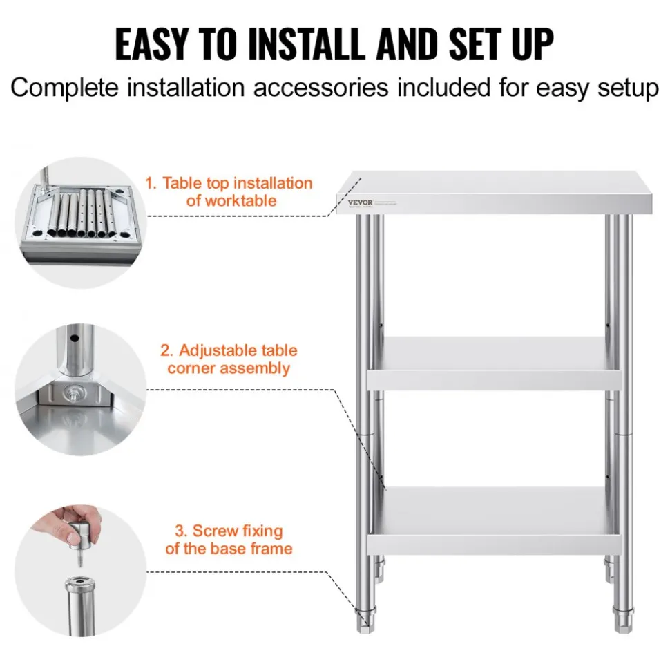 VEVOR Stainless Steel Food Prep Table, 14 x 24 x 34 Inch Commercial Kitchen Worktable, with 2 Adjustable Undershelf, Heavy Duty Prep Table Metal Work Table for BBQ, Kitchen, Home, and Garage