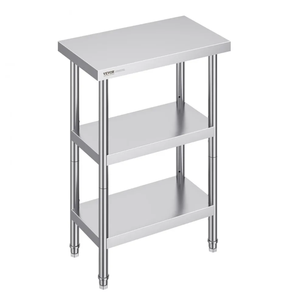 VEVOR Stainless Steel Food Prep Table, 14 x 24 x 34 Inch Commercial Kitchen Worktable, with 2 Adjustable Undershelf, Heavy Duty Prep Table Metal Work Table for BBQ, Kitchen, Home, and Garage