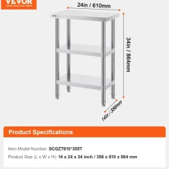 VEVOR Stainless Steel Food Prep Table, 14 x 24 x 34 Inch Commercial Kitchen Worktable, with 2 Adjustable Undershelf, Heavy Duty Prep Table Metal Work Table for BBQ, Kitchen, Home, and Garage