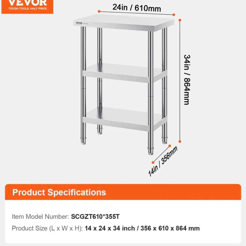 VEVOR Stainless Steel Food Prep Table, 14 x 24 x 34 Inch Commercial Kitchen Worktable, with 2 Adjustable Undershelf, Heavy Duty Prep Table Metal Work Table for BBQ, Kitchen, Home, and Garage