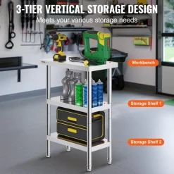 VEVOR Stainless Steel Food Prep Table, 14 x 24 x 34 Inch Commercial Kitchen Worktable, with 2 Adjustable Undershelf, Heavy Duty Prep Table Metal Work Table for BBQ, Kitchen, Home, and Garage
