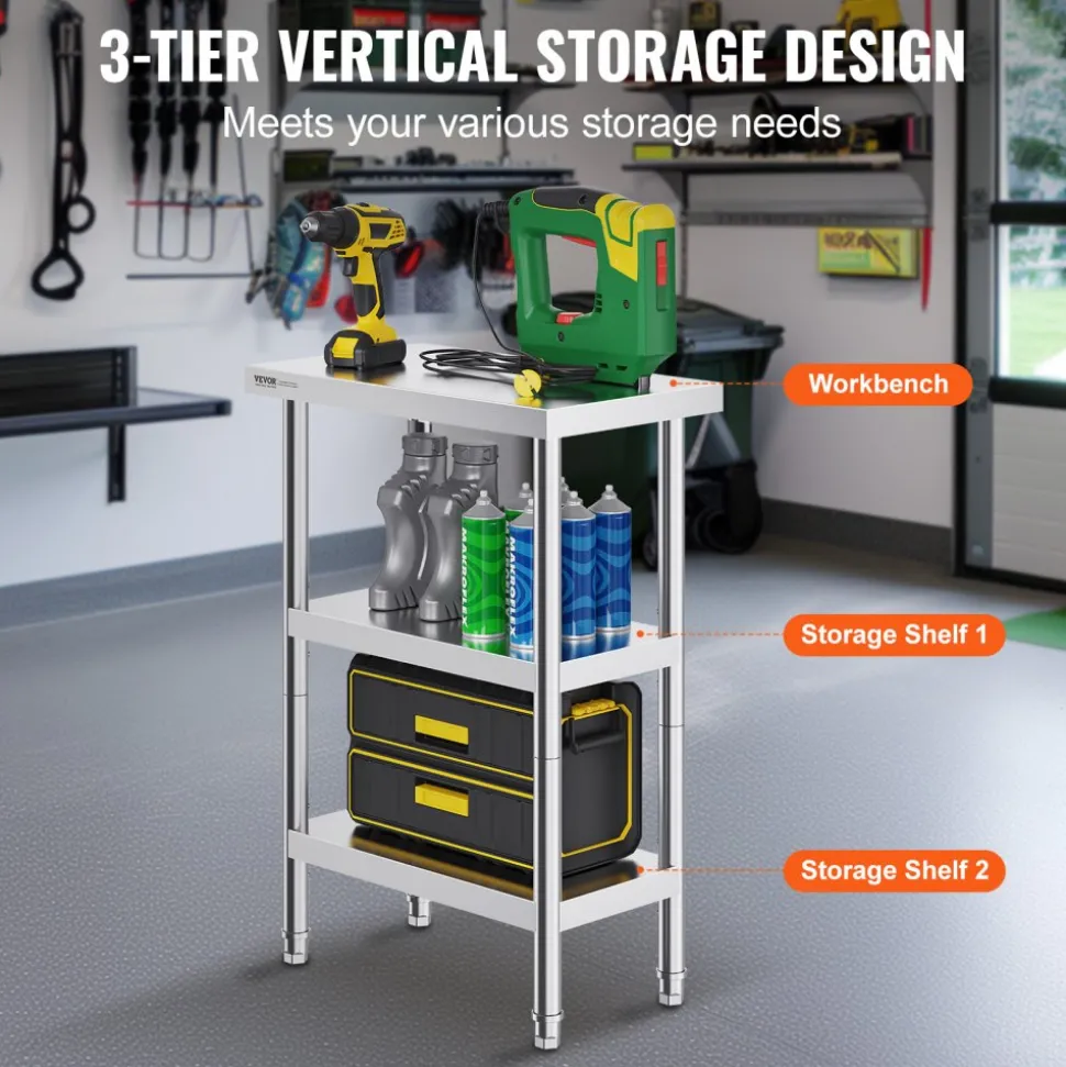 VEVOR Stainless Steel Food Prep Table, 14 x 24 x 34 Inch Commercial Kitchen Worktable, with 2 Adjustable Undershelf, Heavy Duty Prep Table Metal Work Table for BBQ, Kitchen, Home, and Garage