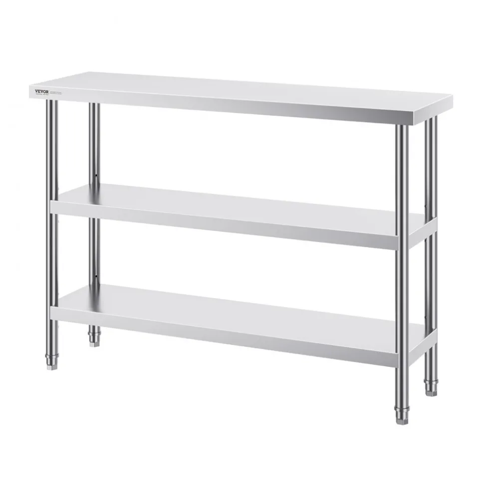 VEVOR Stainless Steel Food Prep Table, 14 x 48 x 34 Inch Commercial Kitchen Worktable, with 2 Adjustable Undershelf, Heavy Duty Prep Table Metal Work Table for BBQ, Kitchen, Home, and Garage