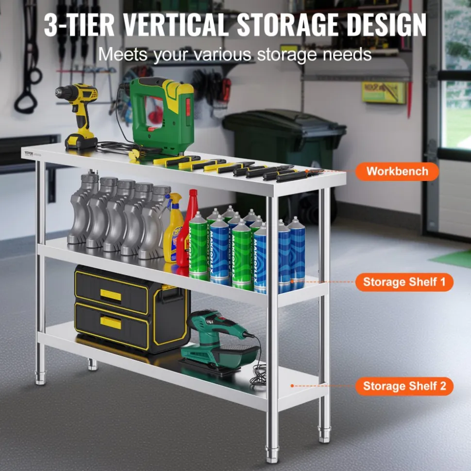 VEVOR Stainless Steel Food Prep Table, 14 x 48 x 34 Inch Commercial Kitchen Worktable, with 2 Adjustable Undershelf, Heavy Duty Prep Table Metal Work Table for BBQ, Kitchen, Home, and Garage