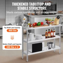 VEVOR Stainless Steel Food Prep Table, 14 x 48 x 34 Inch Commercial Kitchen Worktable, with 2 Adjustable Undershelf, Heavy Duty Prep Table Metal Work Table for BBQ, Kitchen, Home, and Garage