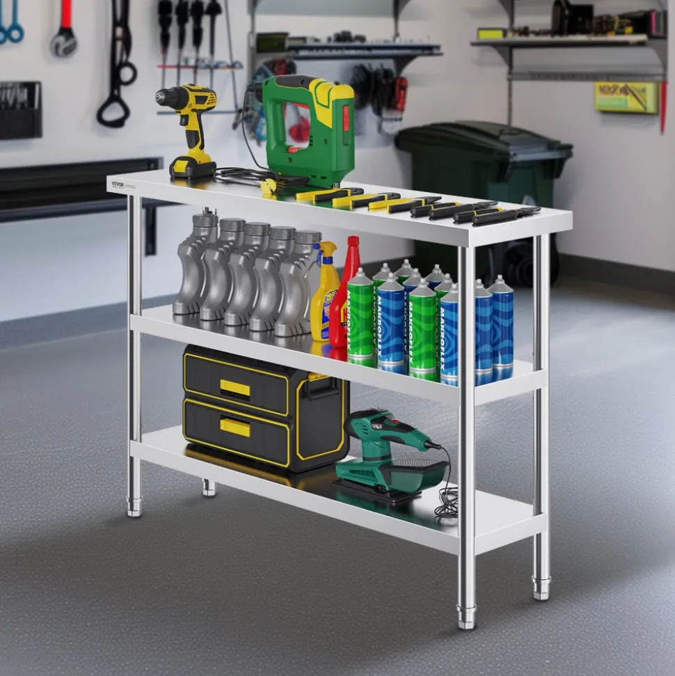 VEVOR Stainless Steel Food Prep Table, 14 x 48 x 34 Inch Commercial Kitchen Worktable, with 2 Adjustable Undershelf, Heavy Duty Prep Table Metal Work Table for BBQ, Kitchen, Home, and Garage