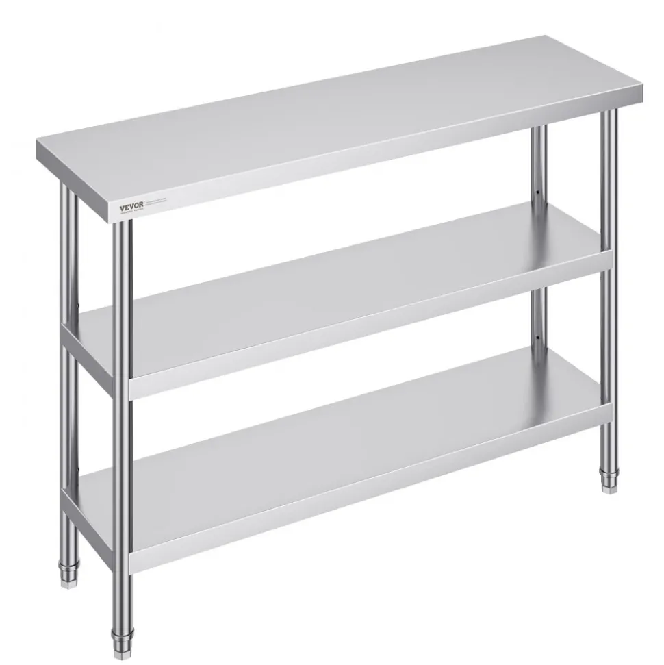 VEVOR Stainless Steel Food Prep Table, 14 x 48 x 34 Inch Commercial Kitchen Worktable, with 2 Adjustable Undershelf, Heavy Duty Prep Table Metal Work Table for BBQ, Kitchen, Home, and Garage