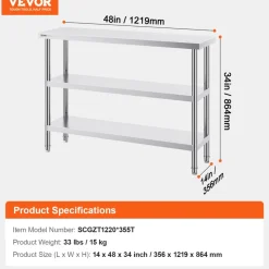 VEVOR Stainless Steel Food Prep Table, 14 x 48 x 34 Inch Commercial Kitchen Worktable, with 2 Adjustable Undershelf, Heavy Duty Prep Table Metal Work Table for BBQ, Kitchen, Home, and Garage