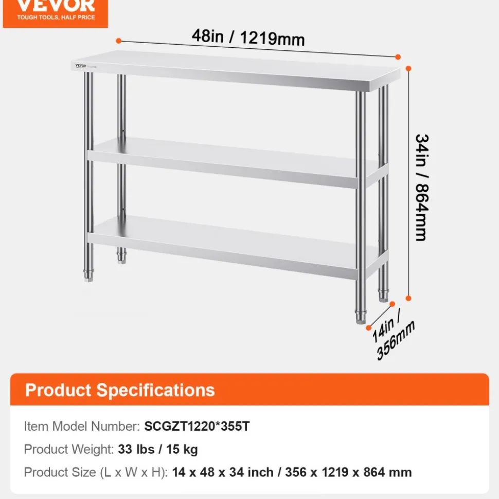 VEVOR Stainless Steel Food Prep Table, 14 x 48 x 34 Inch Commercial Kitchen Worktable, with 2 Adjustable Undershelf, Heavy Duty Prep Table Metal Work Table for BBQ, Kitchen, Home, and Garage
