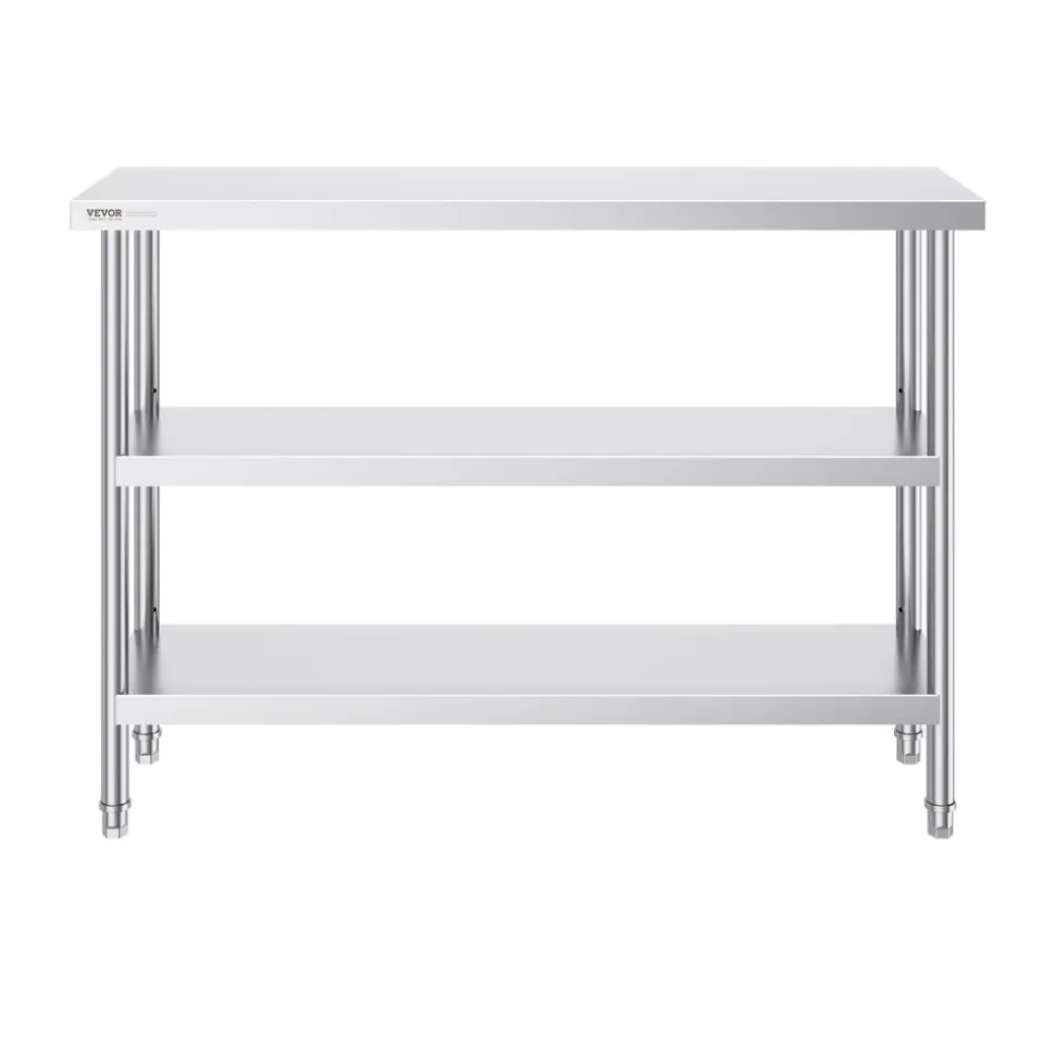VEVOR Stainless Steel Food Prep Table, 14 x 48 x 34 Inch Commercial Kitchen Worktable, with 2 Adjustable Undershelf, Heavy Duty Prep Table Metal Work Table for BBQ, Kitchen, Home, and Garage