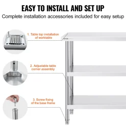 VEVOR Stainless Steel Food Prep Table, 14 x 48 x 34 Inch Commercial Kitchen Worktable, with 2 Adjustable Undershelf, Heavy Duty Prep Table Metal Work Table for BBQ, Kitchen, Home, and Garage