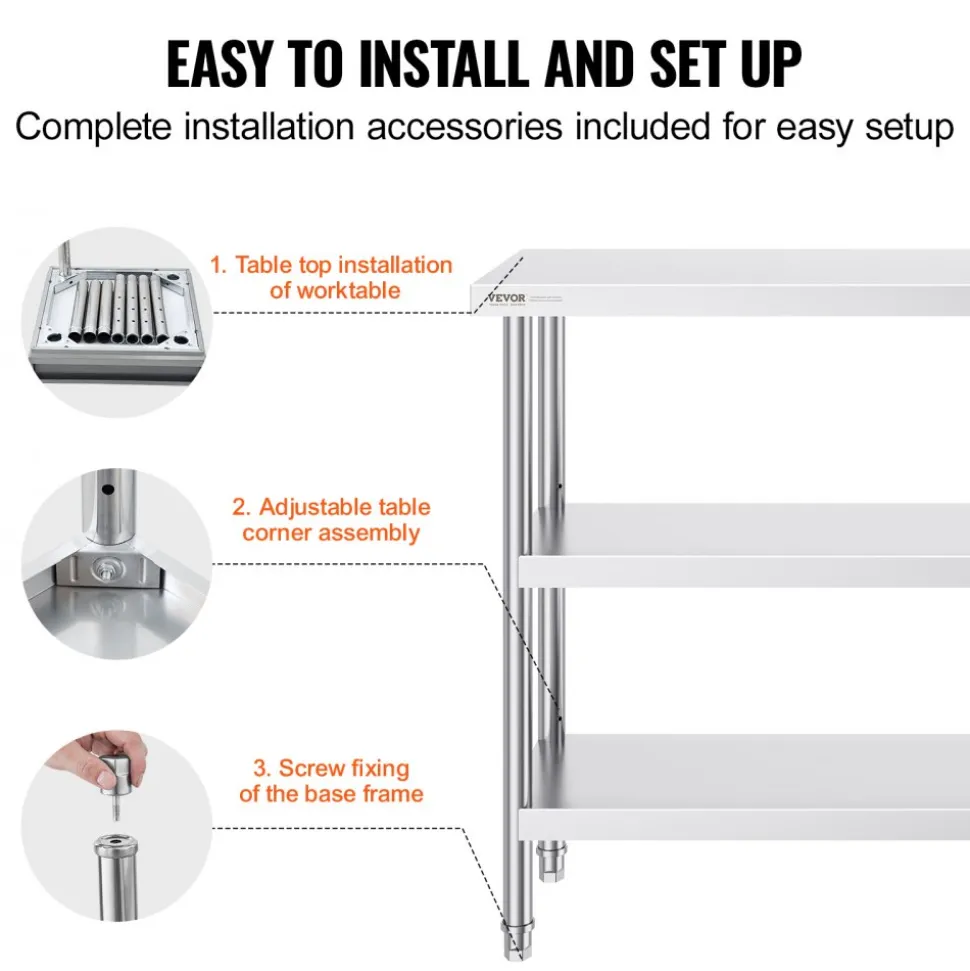VEVOR Stainless Steel Food Prep Table, 14 x 48 x 34 Inch Commercial Kitchen Worktable, with 2 Adjustable Undershelf, Heavy Duty Prep Table Metal Work Table for BBQ, Kitchen, Home, and Garage