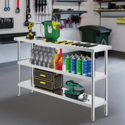 VEVOR Stainless Steel Food Prep Table, 14 x 60 x 34 Inch Commercial Kitchen Worktable, with 2 Adjustable Undershelf, Heavy Duty Prep Table Metal Work Table for BBQ, Kitchen, Home, and Garage
