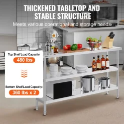 VEVOR Stainless Steel Food Prep Table, 14 x 60 x 34 Inch Commercial Kitchen Worktable, with 2 Adjustable Undershelf, Heavy Duty Prep Table Metal Work Table for BBQ, Kitchen, Home, and Garage