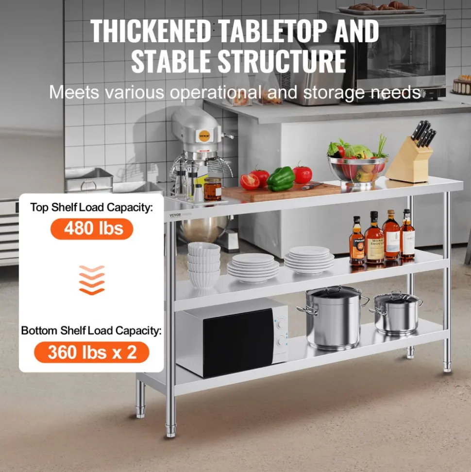 VEVOR Stainless Steel Food Prep Table, 14 x 60 x 34 Inch Commercial Kitchen Worktable, with 2 Adjustable Undershelf, Heavy Duty Prep Table Metal Work Table for BBQ, Kitchen, Home, and Garage