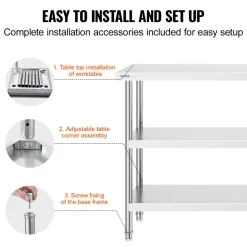 VEVOR Stainless Steel Food Prep Table, 14 x 60 x 34 Inch Commercial Kitchen Worktable, with 2 Adjustable Undershelf, Heavy Duty Prep Table Metal Work Table for BBQ, Kitchen, Home, and Garage