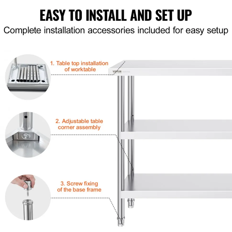 VEVOR Stainless Steel Food Prep Table, 14 x 60 x 34 Inch Commercial Kitchen Worktable, with 2 Adjustable Undershelf, Heavy Duty Prep Table Metal Work Table for BBQ, Kitchen, Home, and Garage
