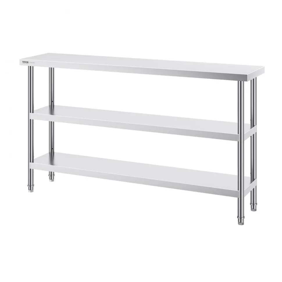 VEVOR Stainless Steel Food Prep Table, 14 x 60 x 34 Inch Commercial Kitchen Worktable, with 2 Adjustable Undershelf, Heavy Duty Prep Table Metal Work Table for BBQ, Kitchen, Home, and Garage