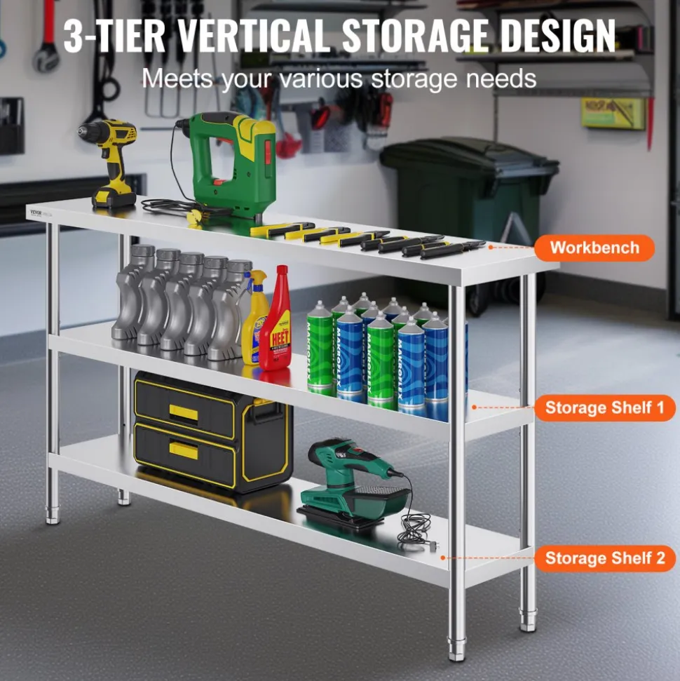 VEVOR Stainless Steel Food Prep Table, 14 x 60 x 34 Inch Commercial Kitchen Worktable, with 2 Adjustable Undershelf, Heavy Duty Prep Table Metal Work Table for BBQ, Kitchen, Home, and Garage