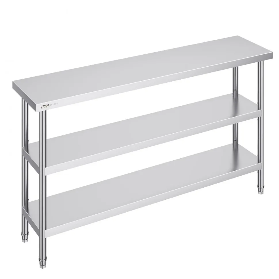 VEVOR Stainless Steel Food Prep Table, 14 x 60 x 34 Inch Commercial Kitchen Worktable, with 2 Adjustable Undershelf, Heavy Duty Prep Table Metal Work Table for BBQ, Kitchen, Home, and Garage