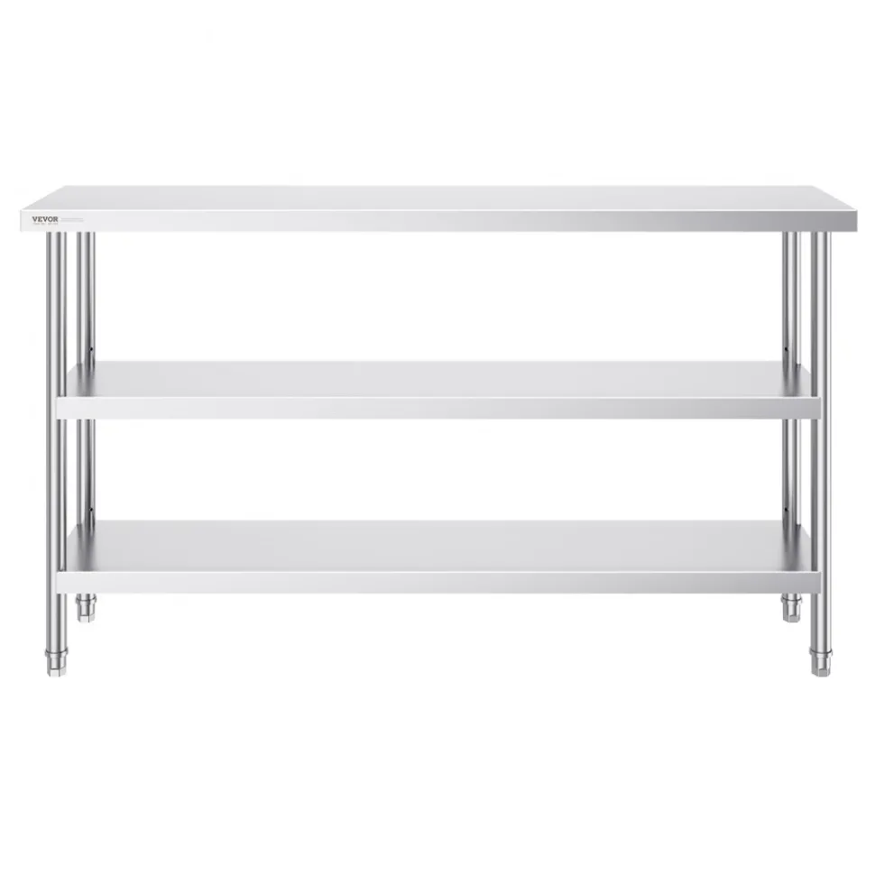 VEVOR Stainless Steel Food Prep Table, 14 x 60 x 34 Inch Commercial Kitchen Worktable, with 2 Adjustable Undershelf, Heavy Duty Prep Table Metal Work Table for BBQ, Kitchen, Home, and Garage
