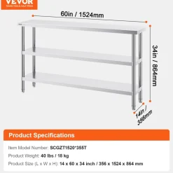 VEVOR Stainless Steel Food Prep Table, 14 x 60 x 34 Inch Commercial Kitchen Worktable, with 2 Adjustable Undershelf, Heavy Duty Prep Table Metal Work Table for BBQ, Kitchen, Home, and Garage