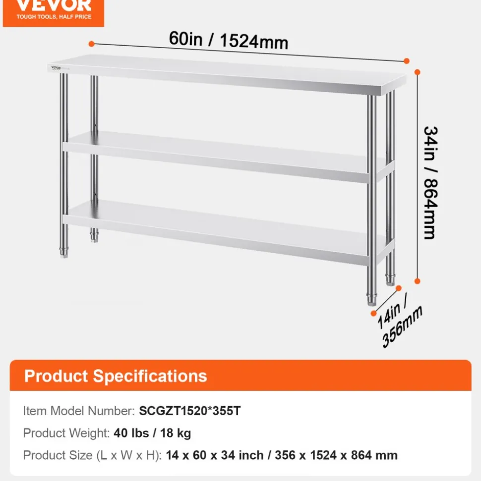VEVOR Stainless Steel Food Prep Table, 14 x 60 x 34 Inch Commercial Kitchen Worktable, with 2 Adjustable Undershelf, Heavy Duty Prep Table Metal Work Table for BBQ, Kitchen, Home, and Garage