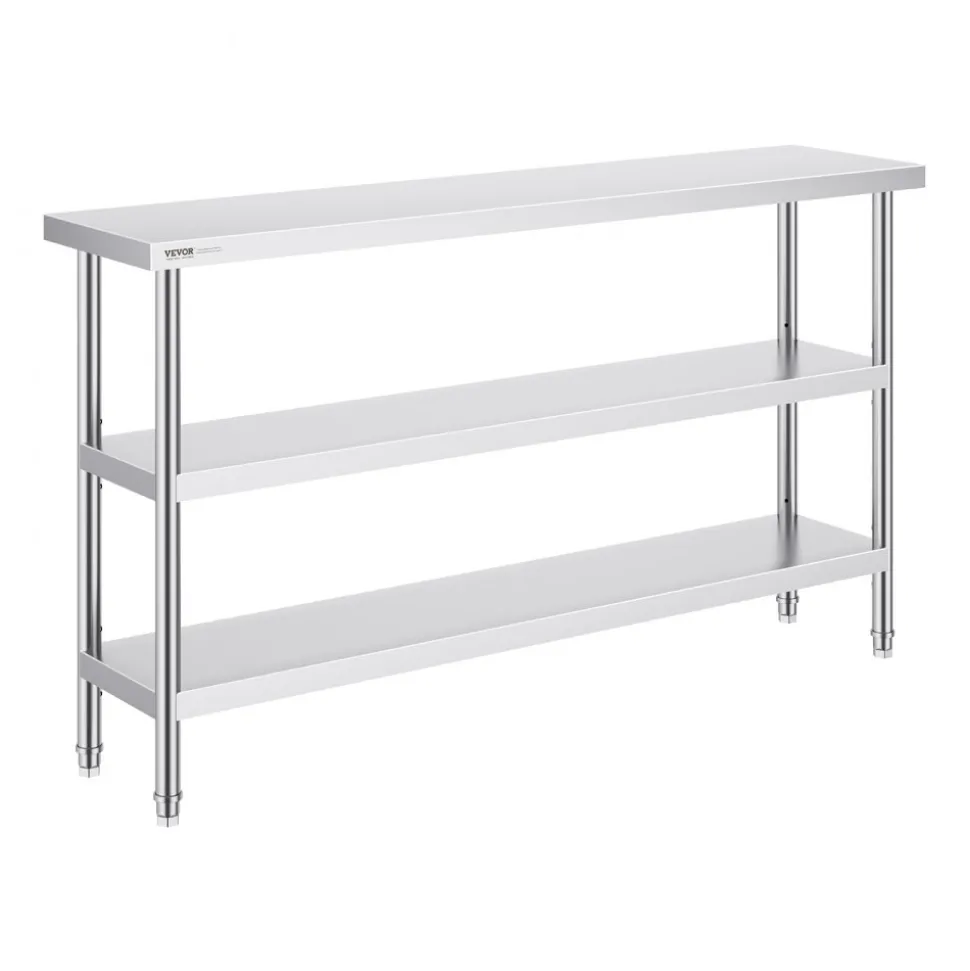 VEVOR Stainless Steel Food Prep Table, 14 x 60 x 34 Inch Commercial Kitchen Worktable, with 2 Adjustable Undershelf, Heavy Duty Prep Table Metal Work Table for BBQ, Kitchen, Home, and Garage