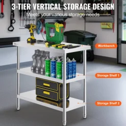 VEVOR Stainless Steel Food Prep Table, 18 x 36 x 34 Inch Commercial Kitchen Worktable, with 2 Adjustable Undershelf, Heavy Duty Prep Table Metal Work Table for BBQ, Kitchen, Home, and Garage
