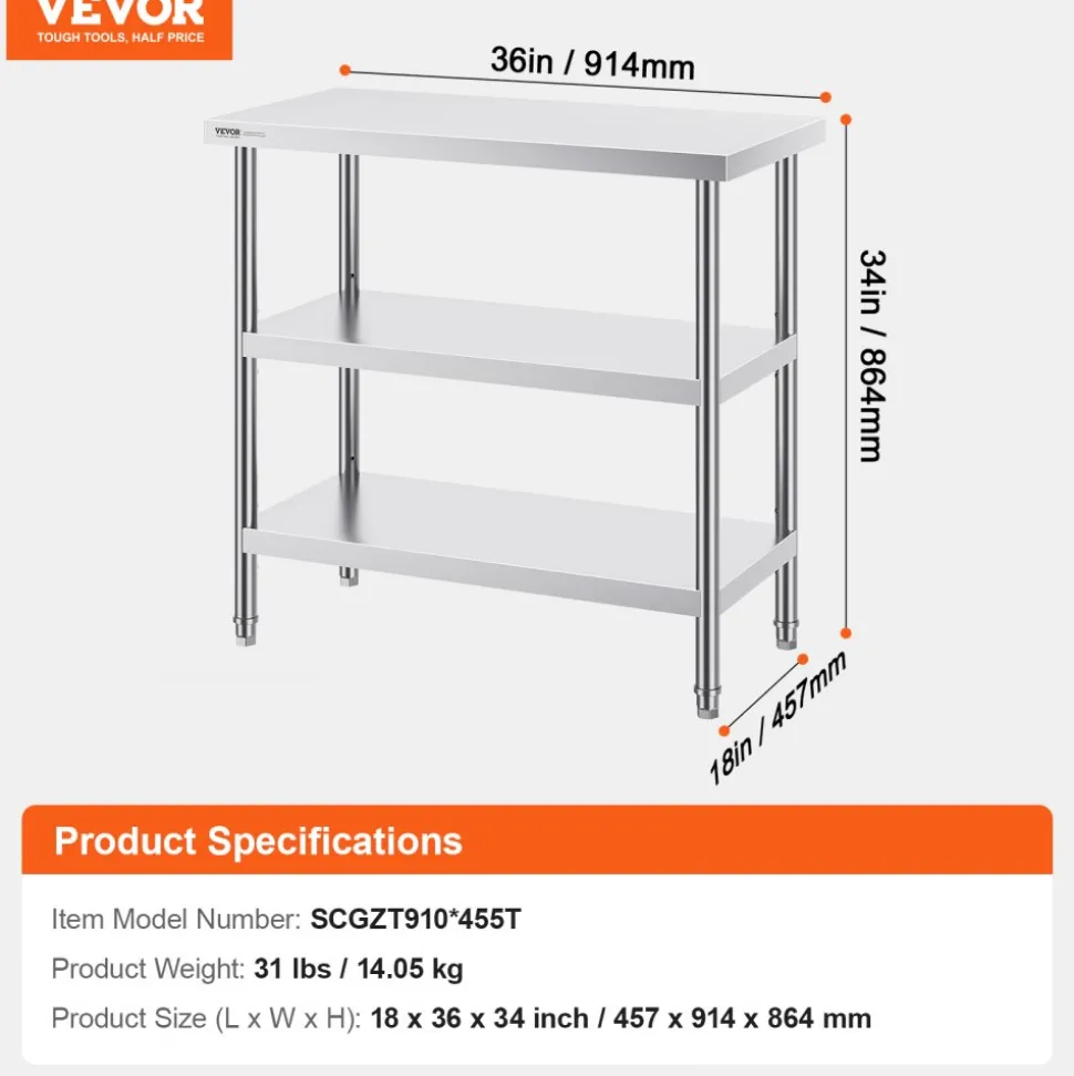 VEVOR Stainless Steel Food Prep Table, 18 x 36 x 34 Inch Commercial Kitchen Worktable, with 2 Adjustable Undershelf, Heavy Duty Prep Table Metal Work Table for BBQ, Kitchen, Home, and Garage