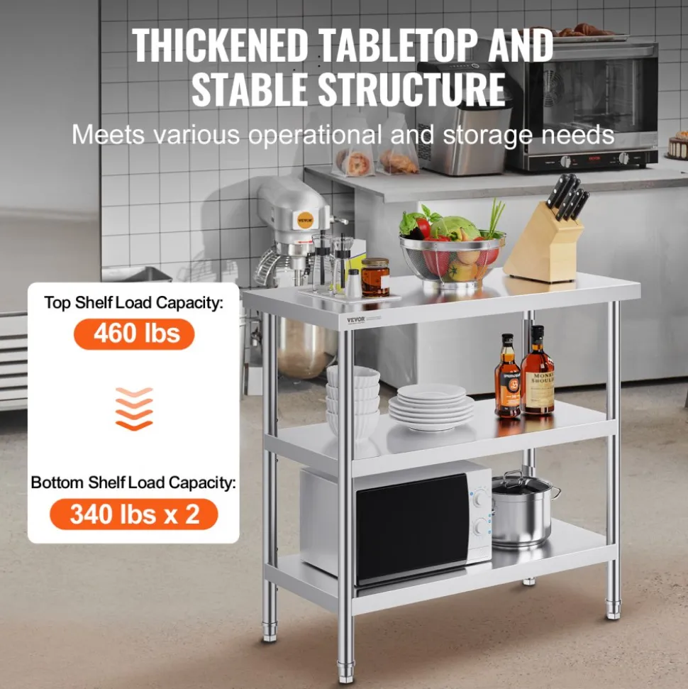 VEVOR Stainless Steel Food Prep Table, 18 x 36 x 34 Inch Commercial Kitchen Worktable, with 2 Adjustable Undershelf, Heavy Duty Prep Table Metal Work Table for BBQ, Kitchen, Home, and Garage