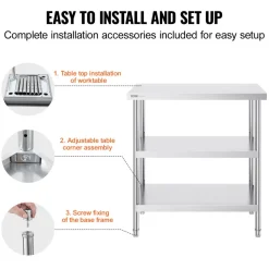 VEVOR Stainless Steel Food Prep Table, 18 x 36 x 34 Inch Commercial Kitchen Worktable, with 2 Adjustable Undershelf, Heavy Duty Prep Table Metal Work Table for BBQ, Kitchen, Home, and Garage