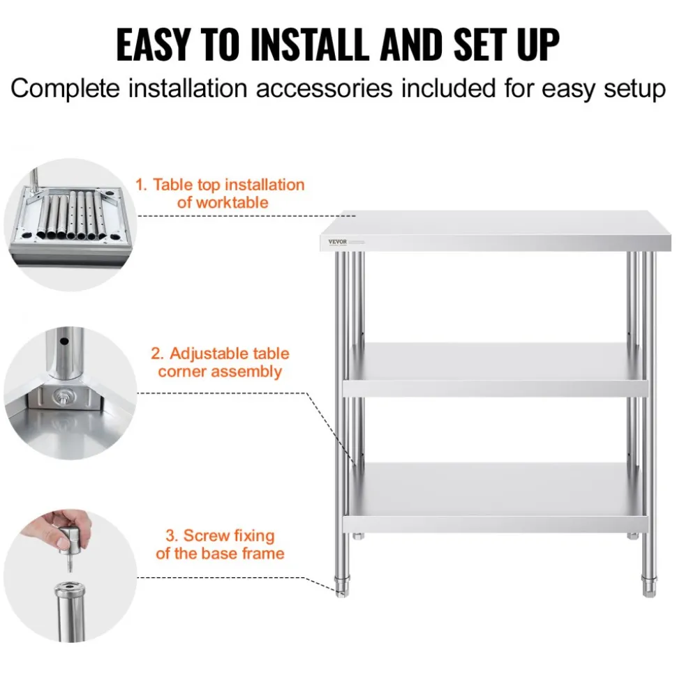 VEVOR Stainless Steel Food Prep Table, 18 x 36 x 34 Inch Commercial Kitchen Worktable, with 2 Adjustable Undershelf, Heavy Duty Prep Table Metal Work Table for BBQ, Kitchen, Home, and Garage