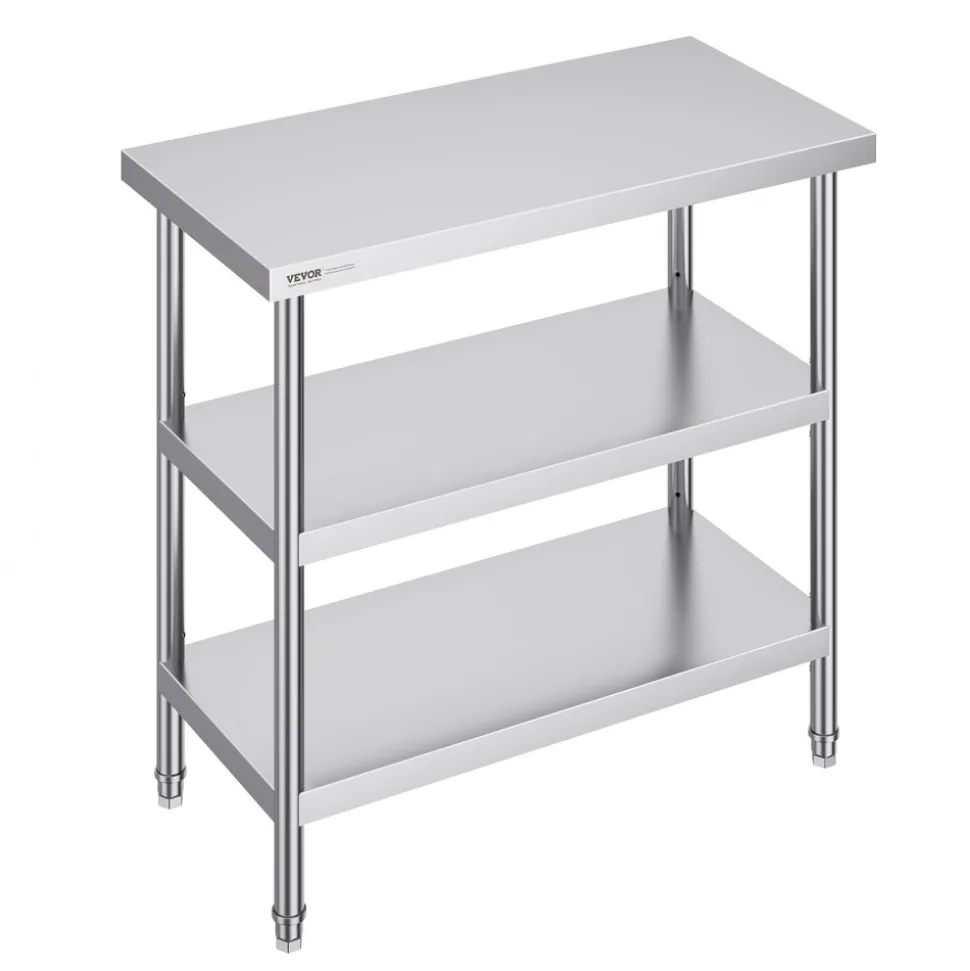 VEVOR Stainless Steel Food Prep Table, 18 x 36 x 34 Inch Commercial Kitchen Worktable, with 2 Adjustable Undershelf, Heavy Duty Prep Table Metal Work Table for BBQ, Kitchen, Home, and Garage