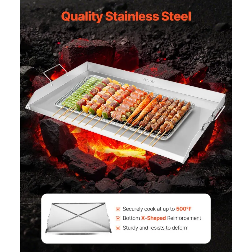 VEVOR Stainless Steel Griddle, 23x16 inch Universal Flat Top Rectangular Plate, Gas Grill Griddle for BBQ Grill, Teppanyaki, Portable Family Cookware with Handle, for Camping Tailgating Party
