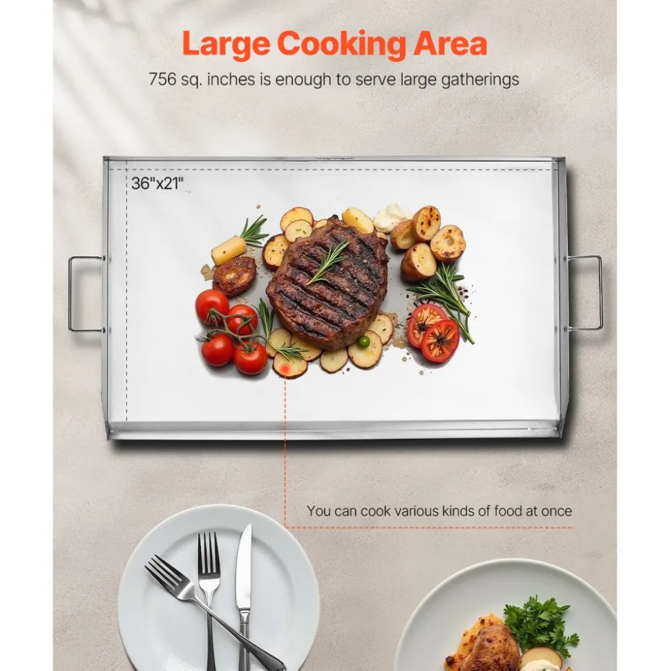 VEVOR Stainless Steel Griddle, 23x16 inch Universal Flat Top Rectangular Plate, Gas Grill Griddle for BBQ Grill, Teppanyaki, Portable Family Cookware with Handle, for Camping Tailgating Party