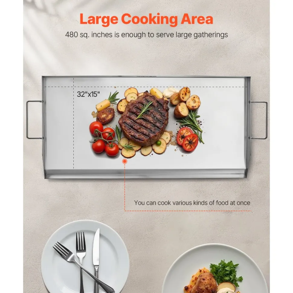 VEVOR Stainless Steel Griddle, 18x16 inch Universal Flat Top Rectangular Plate, Gas Grill Griddle for BBQ Grill, Teppanyaki, Portable Family Cookware with Handle, for Camping Tailgating Party