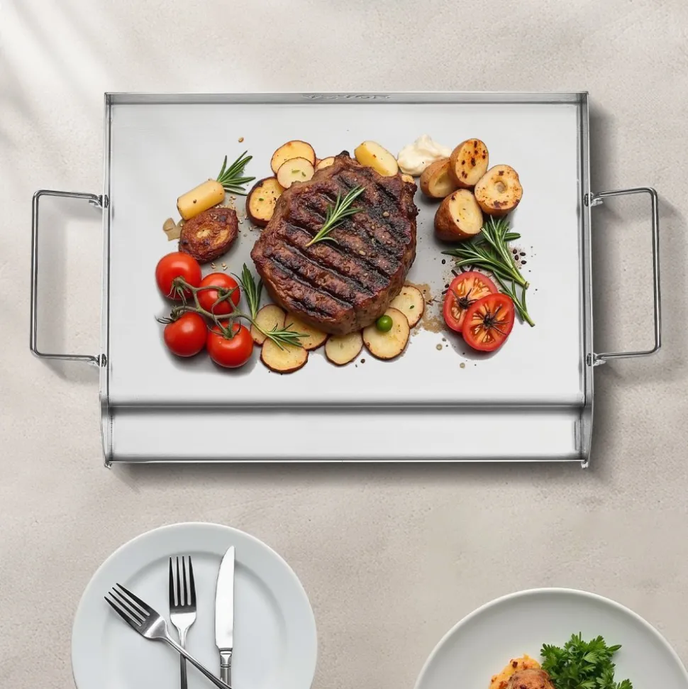 VEVOR Stainless Steel Griddle, 17x13 inch Universal Flat Top Rectangular Plate, Gas Grill Griddle for BBQ Grill, Teppanyaki, Portable Family Cookware with Handle, for Camping Tailgating Party