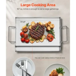 VEVOR Stainless Steel Griddle, 17x13 inch Universal Flat Top Rectangular Plate, Gas Grill Griddle for BBQ Grill, Teppanyaki, Portable Family Cookware with Handle, for Camping Tailgating Party