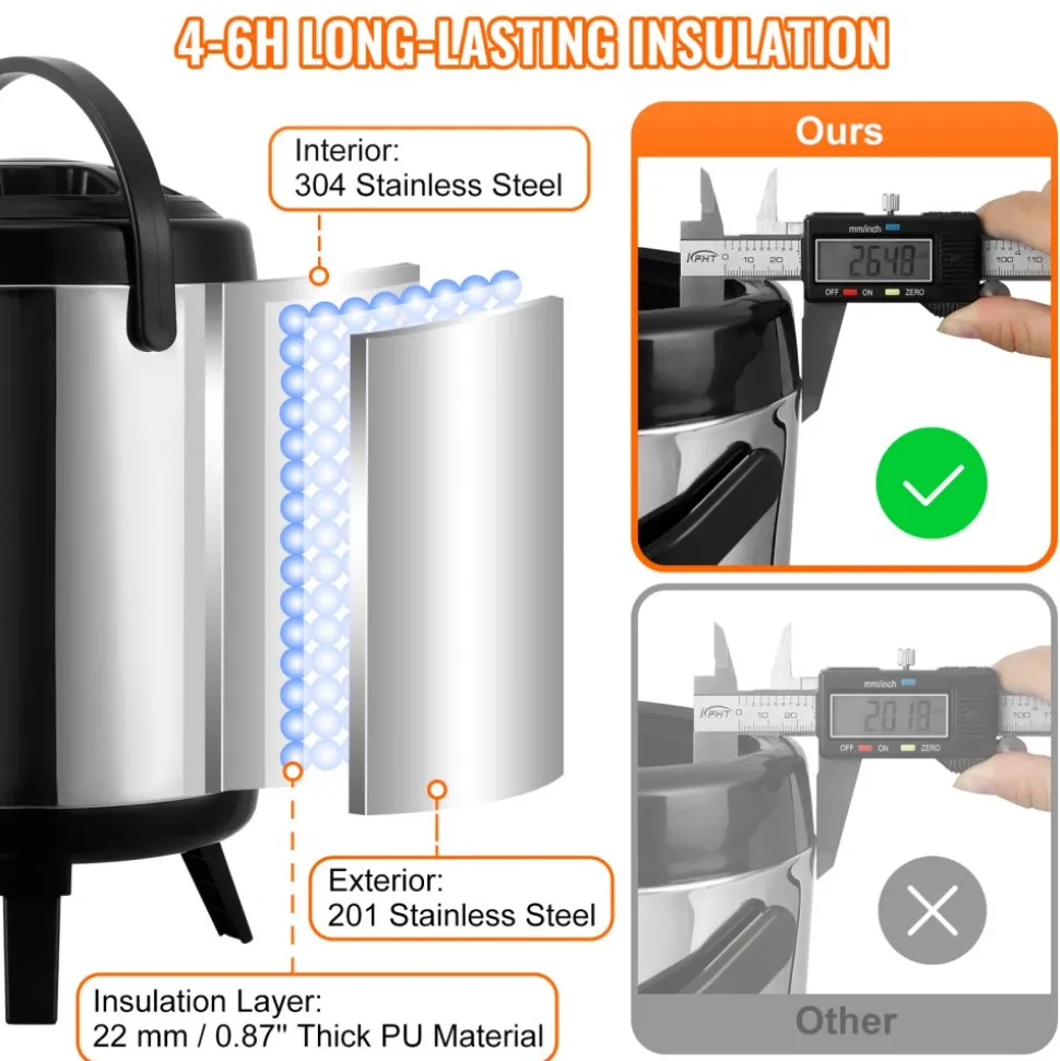 VEVOR Stainless Steel Insulated Beverage Dispenser, 1.5 Gallon 6 Liter, Thermal Hot and Cold Drink Server Dispenser with Spigot Handle, Food-grade for Hot Tea Coffee Water Restaurant Drink Shop
