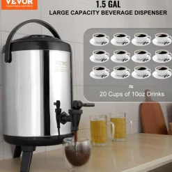 VEVOR Stainless Steel Insulated Beverage Dispenser, 1.5 Gallon 6 Liter, Thermal Hot and Cold Drink Server Dispenser with Spigot Handle, Food-grade for Hot Tea Coffee Water Restaurant Drink Shop