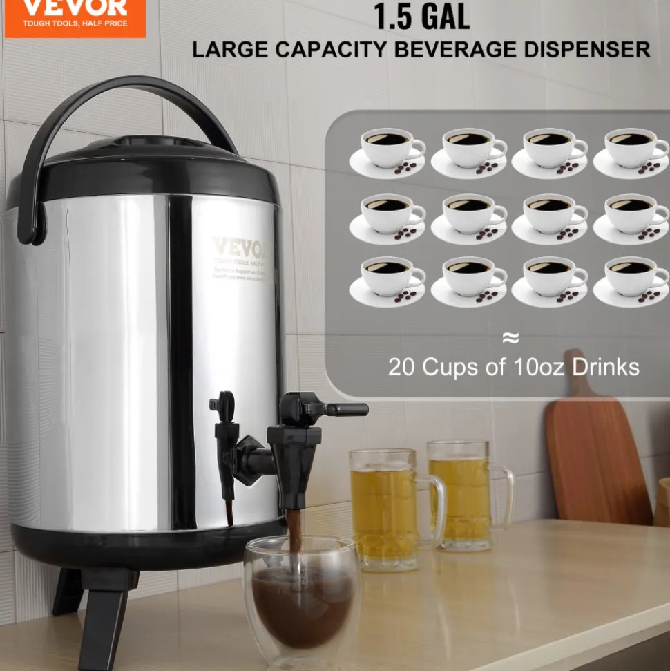VEVOR Stainless Steel Insulated Beverage Dispenser, 1.5 Gallon 6 Liter, Thermal Hot and Cold Drink Server Dispenser with Spigot Handle, Food-grade for Hot Tea Coffee Water Restaurant Drink Shop