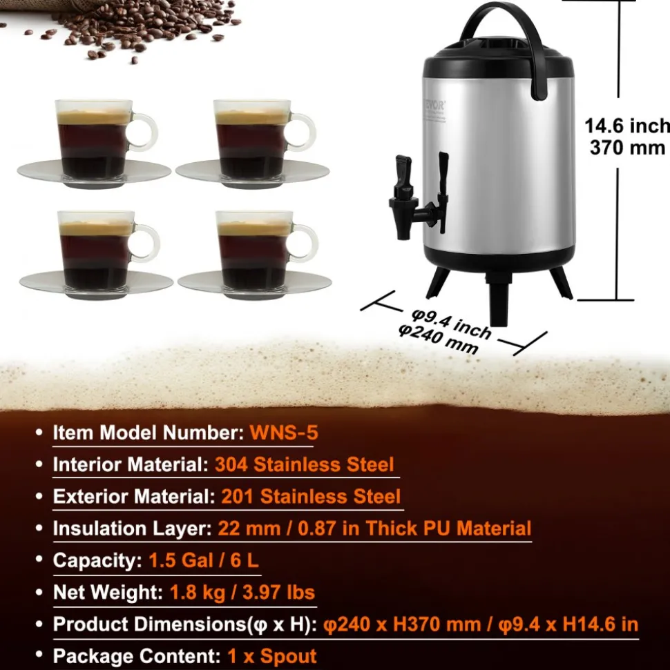 VEVOR Stainless Steel Insulated Beverage Dispenser, 1.5 Gallon 6 Liter, Thermal Hot and Cold Drink Server Dispenser with Spigot Handle, Food-grade for Hot Tea Coffee Water Restaurant Drink Shop