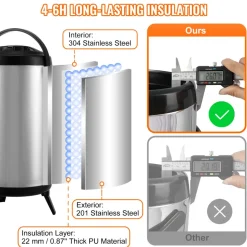 VEVOR Stainless Steel Insulated Beverage Dispenser, 2.4 Gallon 9.2 Liter, Thermal Hot and Cold Drink Server Dispenser with Spigot Handle, Food-grade for Hot Tea Coffee Water Restaurant Drink Shop