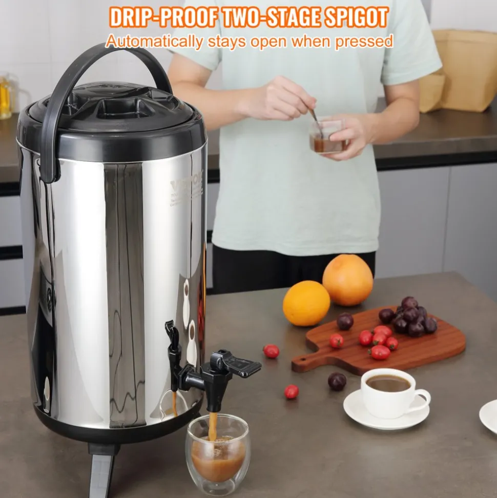 VEVOR Stainless Steel Insulated Beverage Dispenser, 2.4 Gallon 9.2 Liter, Thermal Hot and Cold Drink Server Dispenser with Spigot Handle, Food-grade for Hot Tea Coffee Water Restaurant Drink Shop