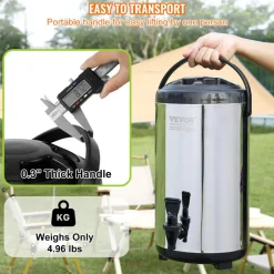 VEVOR Stainless Steel Insulated Beverage Dispenser, 2.4 Gallon 9.2 Liter, Thermal Hot and Cold Drink Server Dispenser with Spigot Handle, Food-grade for Hot Tea Coffee Water Restaurant Drink Shop