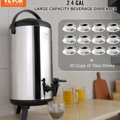 VEVOR Stainless Steel Insulated Beverage Dispenser, 2.4 Gallon 9.2 Liter, Thermal Hot and Cold Drink Server Dispenser with Spigot Handle, Food-grade for Hot Tea Coffee Water Restaurant Drink Shop