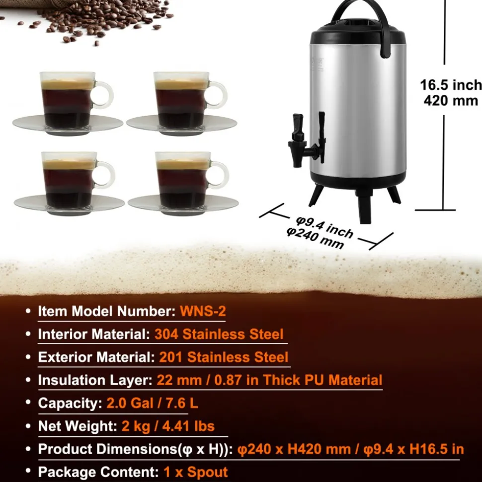 VEVOR Stainless Steel Insulated Beverage Dispenser, 2 Gallon 7.6 Liter, Thermal Hot and Cold Drink Server Dispenser with Spigot Handle, Food-grade for Hot Tea Coffee Water Restaurant Drink Shop